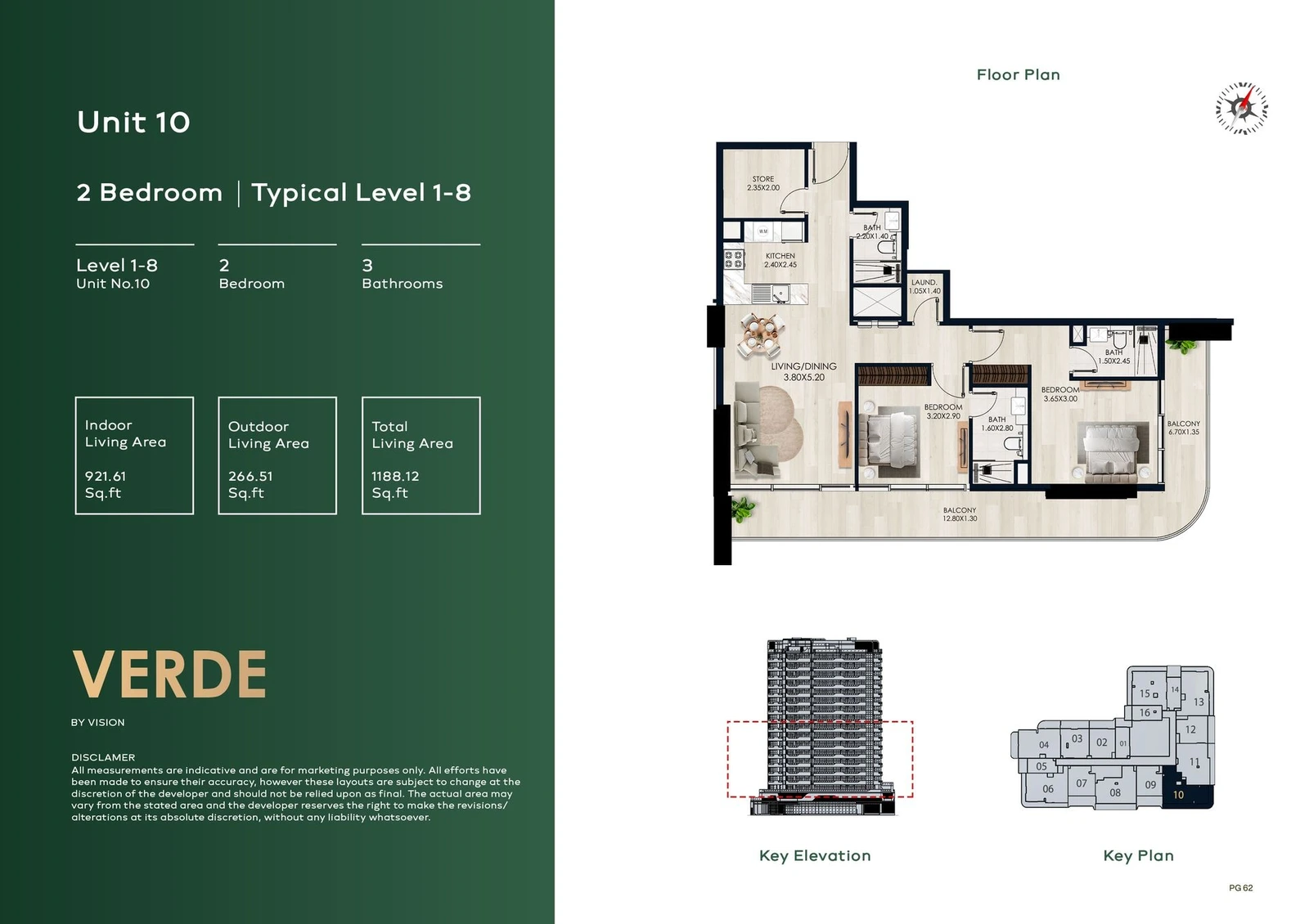 Verde by Vision 2-Bedroom Apartment, Unit 10, Levels 1–8, 1,188.12 sq ft floor plan