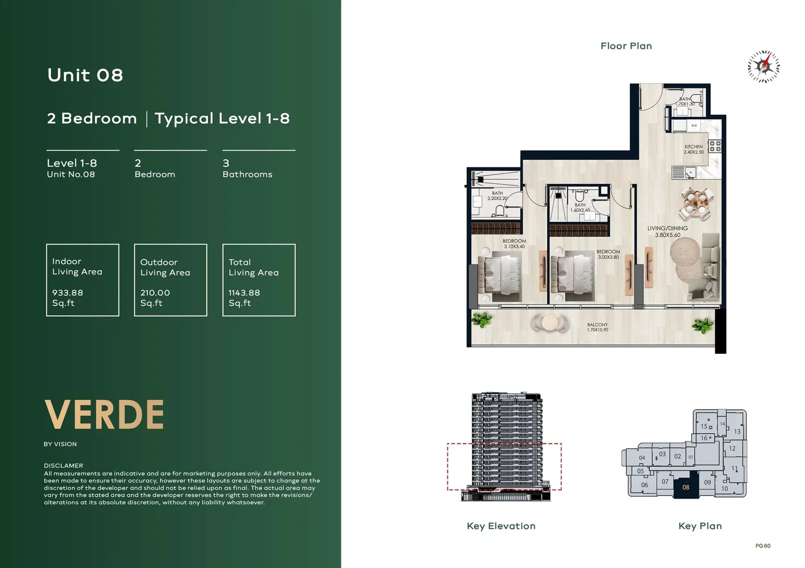 Verde by Vision 2-Bedroom Apartment, Unit 08, Levels 1–8, 1,143.88 sq ft floor plan