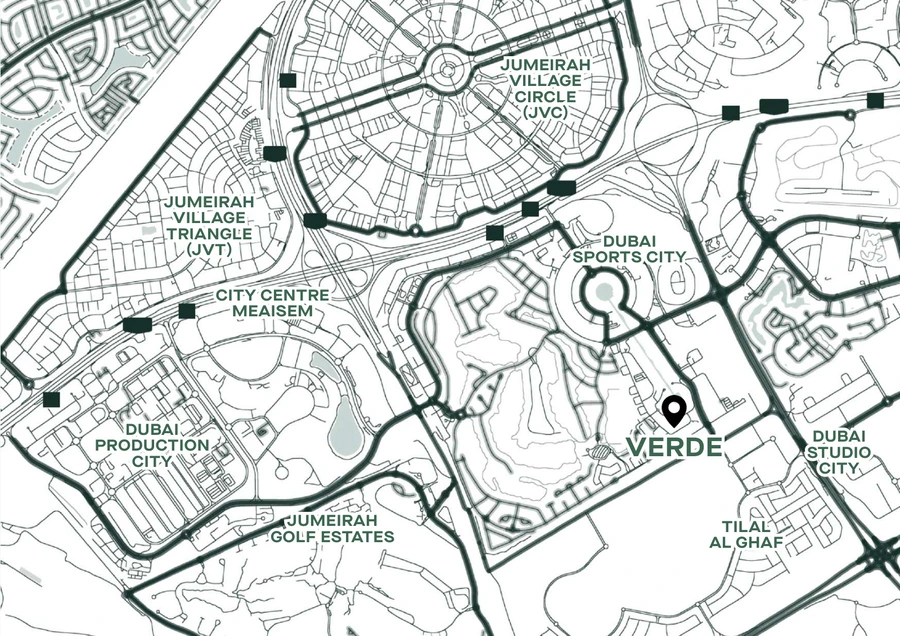 Verde by Vision Dubai Sports City location master plan with nearby districts