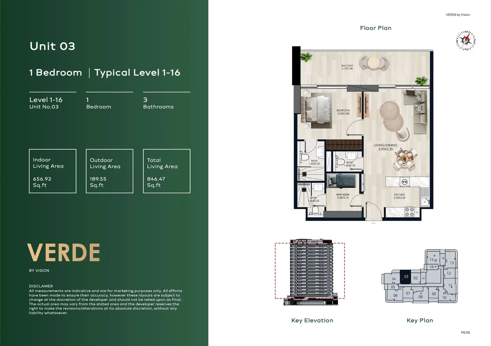 Verde by Vision 1-Bedroom Apartment, Unit 03, Levels 1–16, 846.47 sq ft floor plan