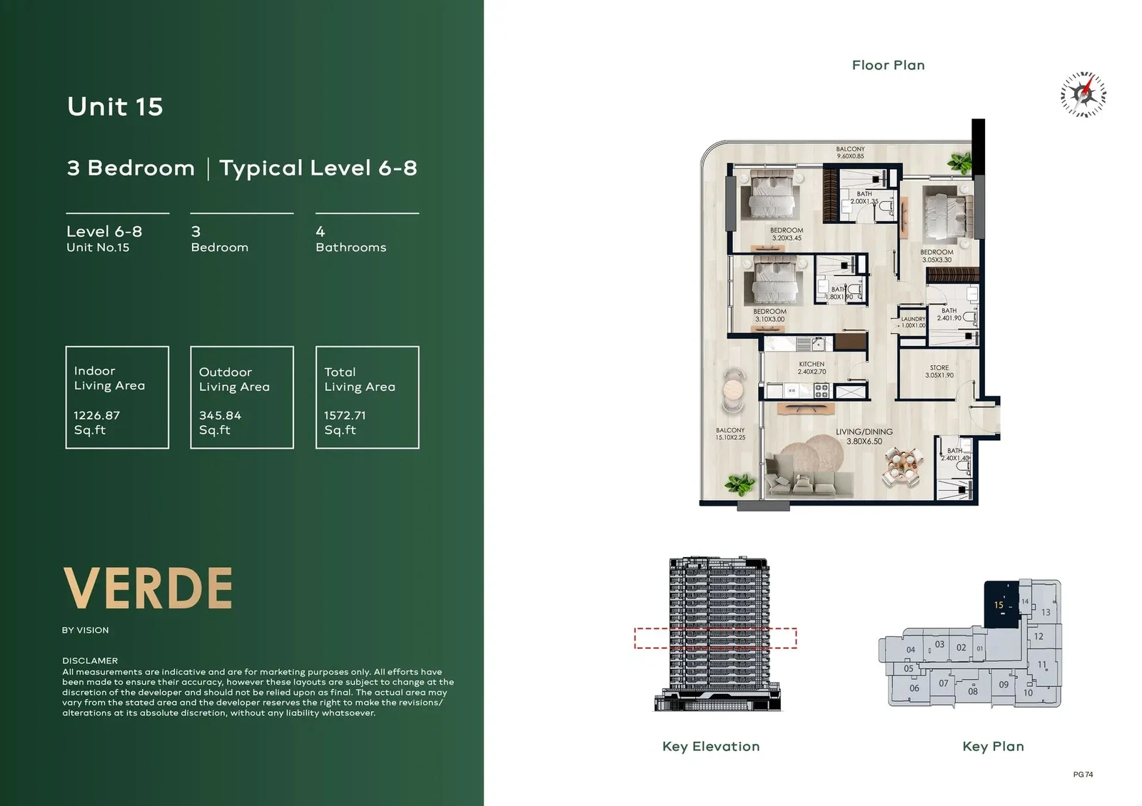 Verde by Vision 3-Bedroom Apartment, Unit 15, Levels 6–8, 1,572.71 sq ft floor plan