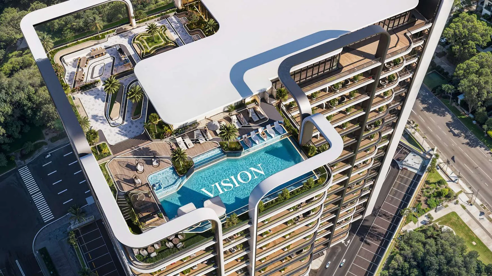 Aerial view of Verde by Vision showing the tower and rooftop amenities
