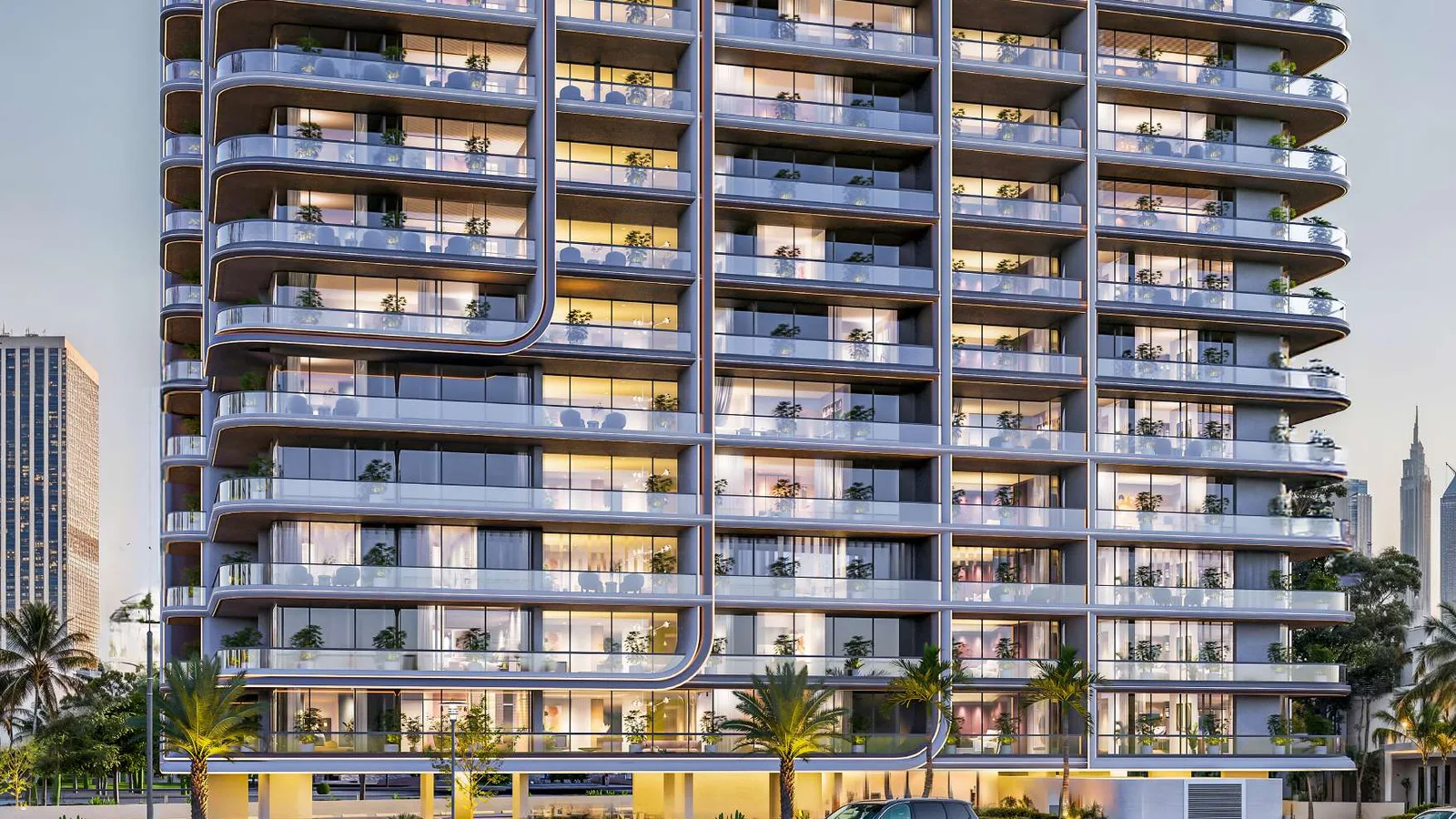 Street-facing exterior of the Verde by Vision residential tower in Dubai Sports City