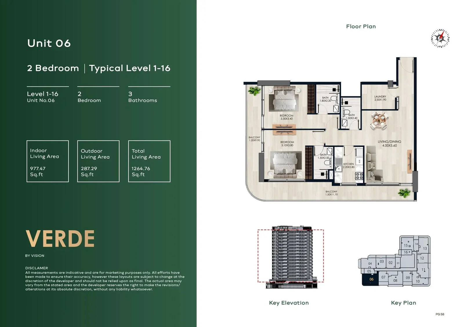 Verde by Vision 2-Bedroom Apartment, Unit 06, Levels 1–16, 1,264.76 sq ft floor plan
