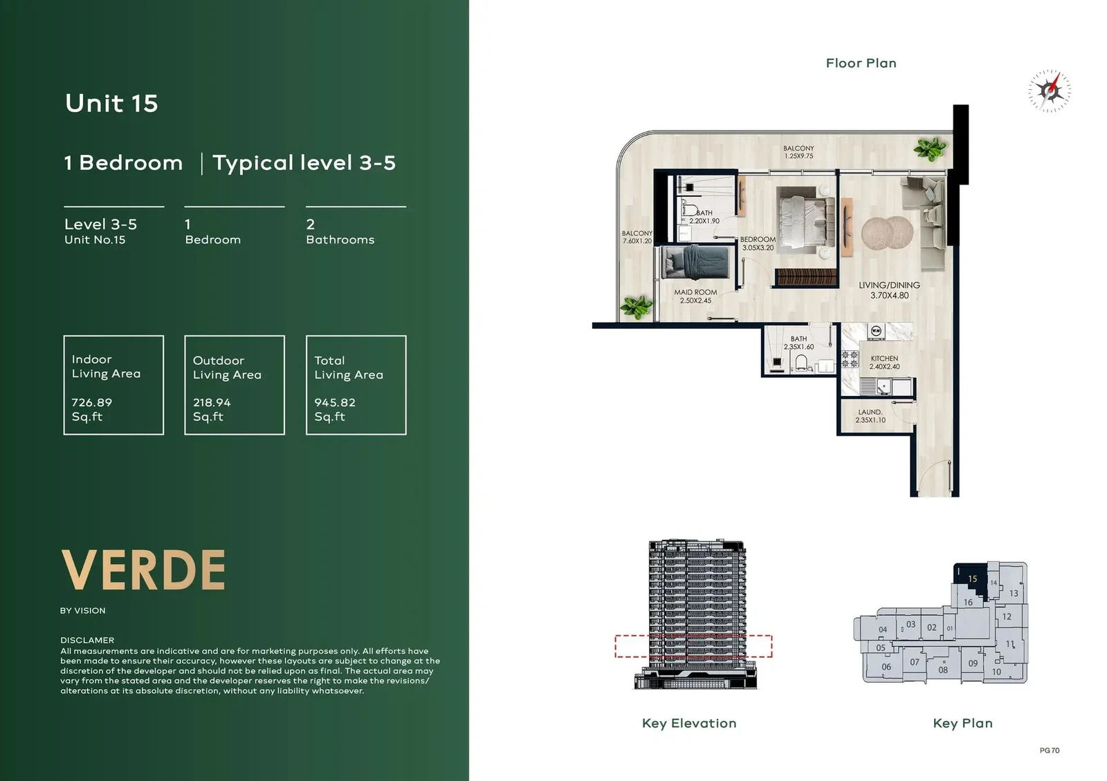 Verde by Vision 1-Bedroom Apartment, Unit 15, Levels 3–5, 945.82 sq ft floor plan