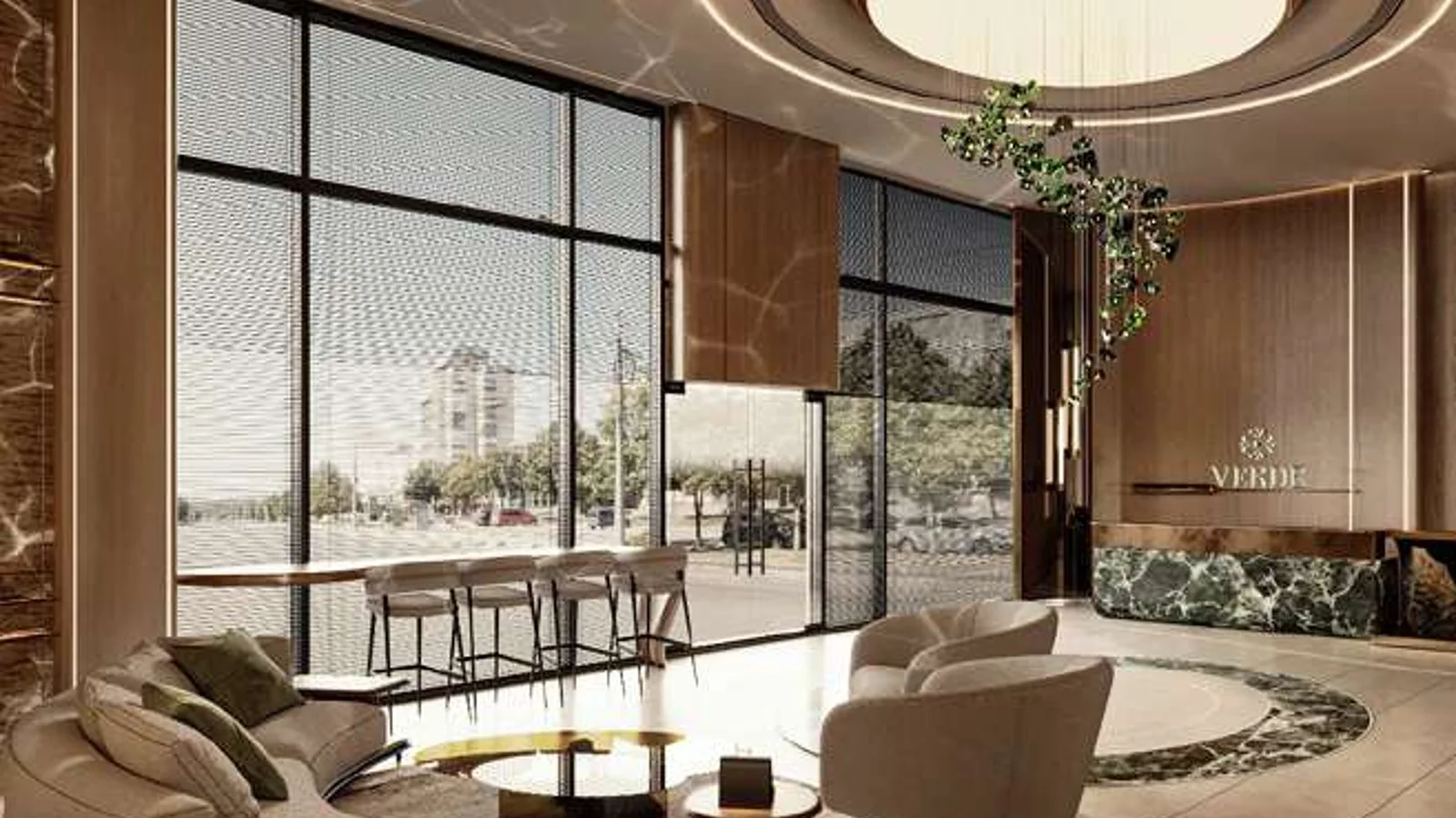 Verde by Vision lobby with sculptural lighting, lounge seating and greenery