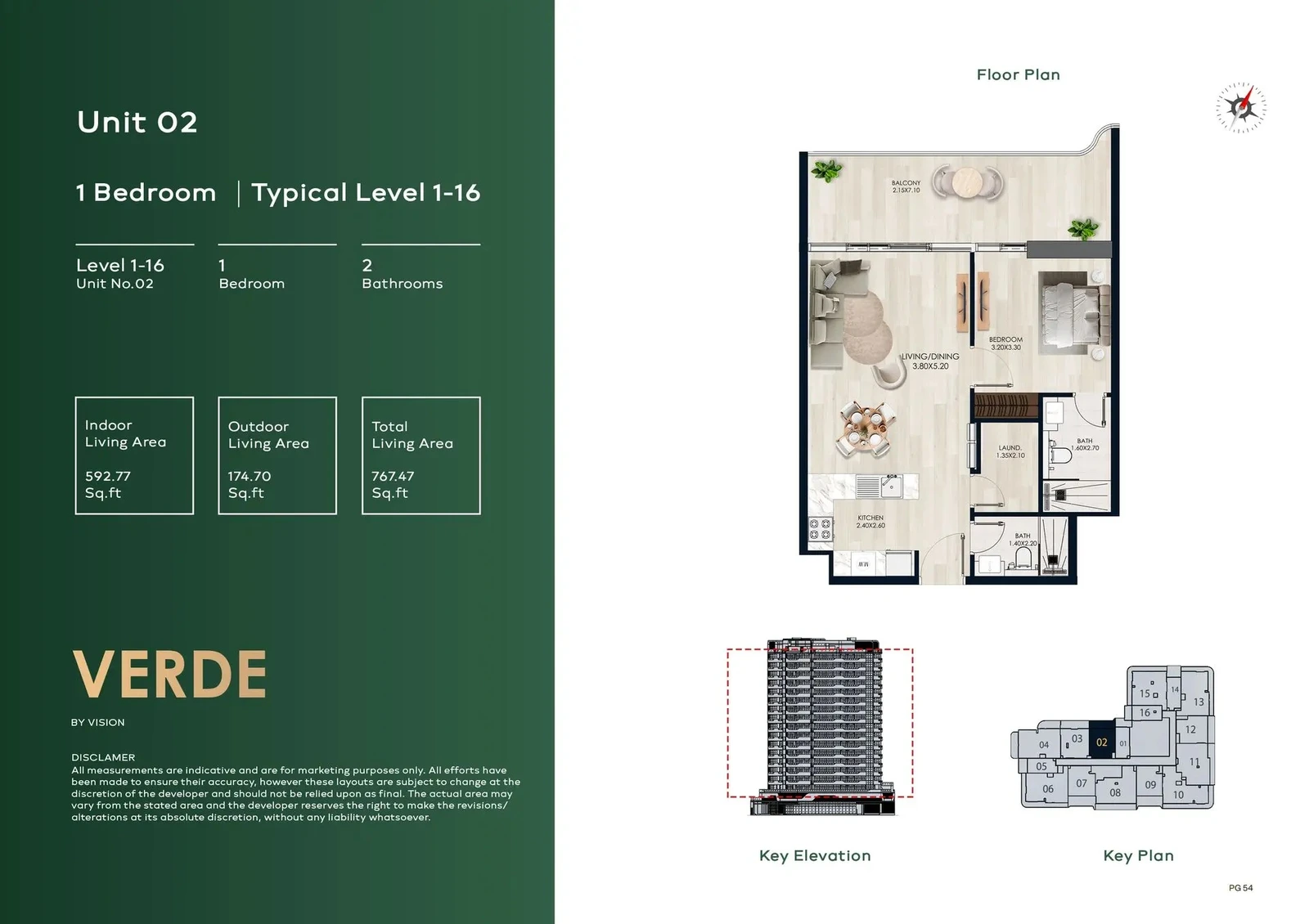 Verde by Vision 1-Bedroom Apartment, Unit 02, Levels 1–16, 767.47 sq ft floor plan