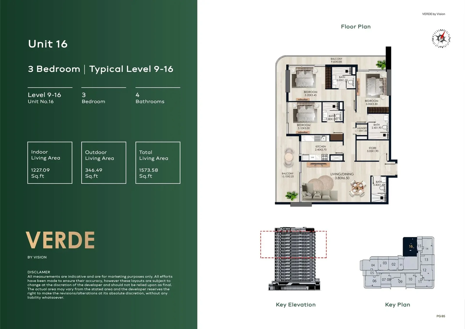 Verde by Vision 3-Bedroom Apartment, Unit 16, Levels 9–16, 1,573.58 sq ft floor plan
