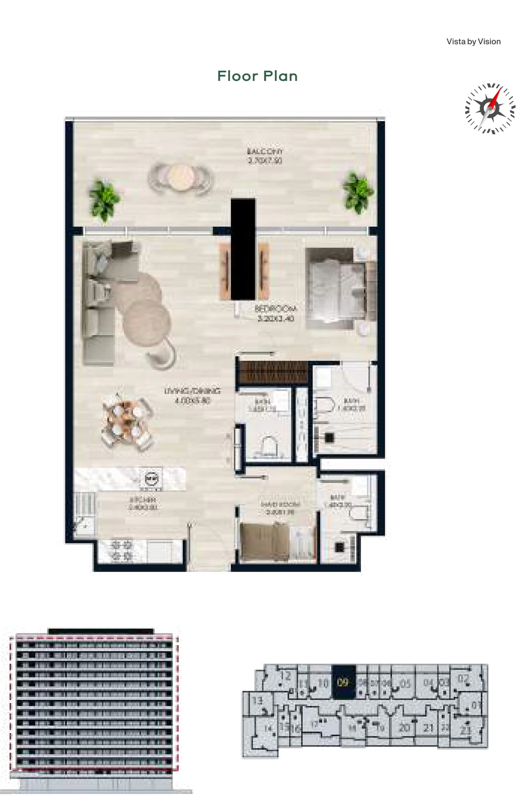 Vista by Vision Unit 09, Levels 2–14, 1 Bedroom Apartment, 891.25 sq ft floor plan