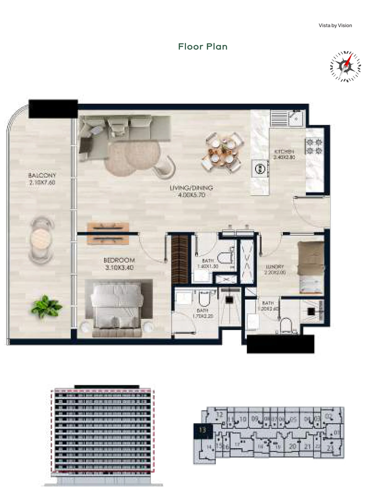 Vista by Vision Unit 13, Levels 2–14, 1 Bedroom Apartment, 838.29 sq ft floor plan