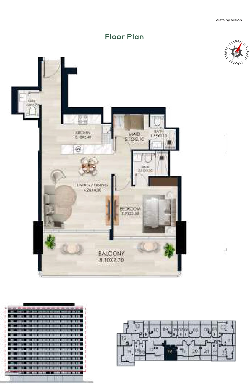 Vista by Vision Unit 18, Levels 2–14, 1 Bedroom Apartment, 952.50 sq ft floor plan