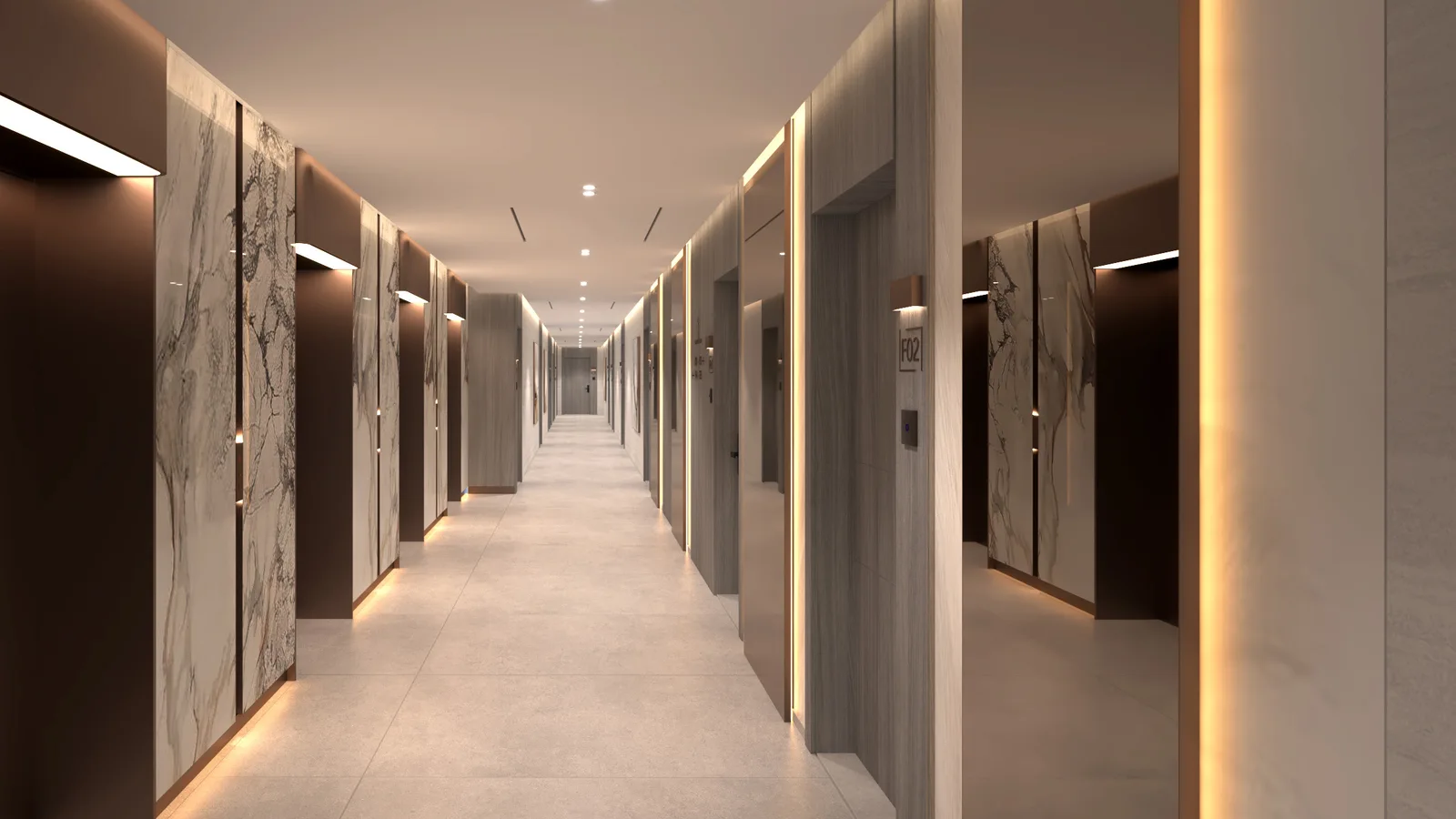 Vista by Vision residential corridor with warm lighting and timber finishes