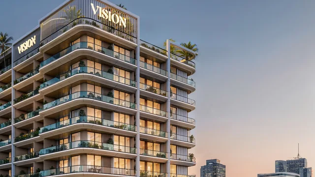 Street-facing exterior of the Vista by Vision tower in Dubai Production City