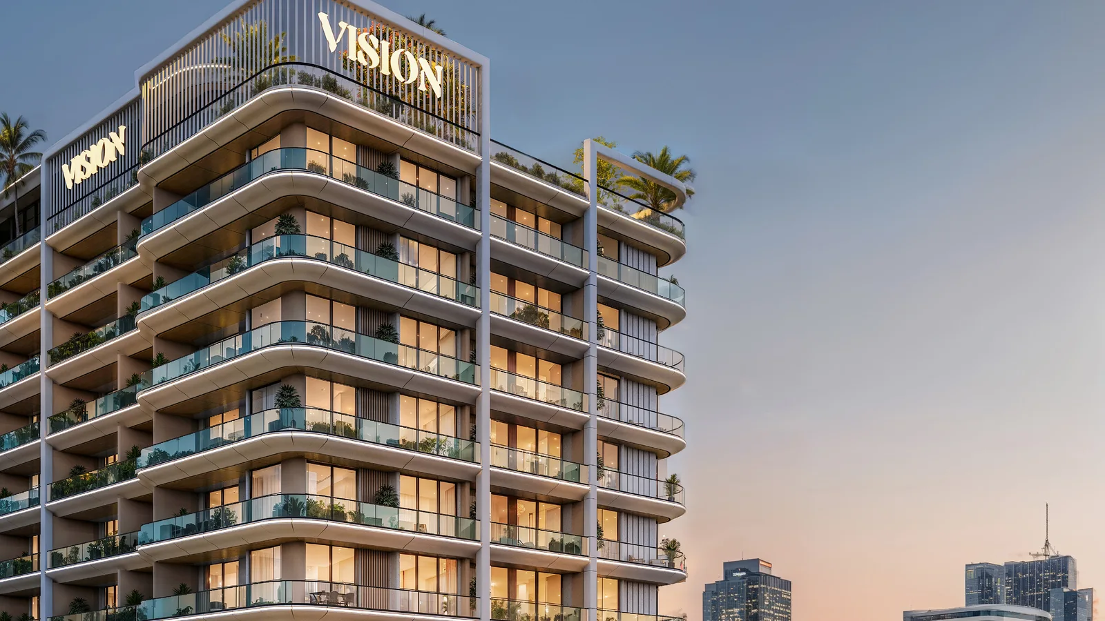 Street-facing exterior of the Vista by Vision tower in Dubai Production City