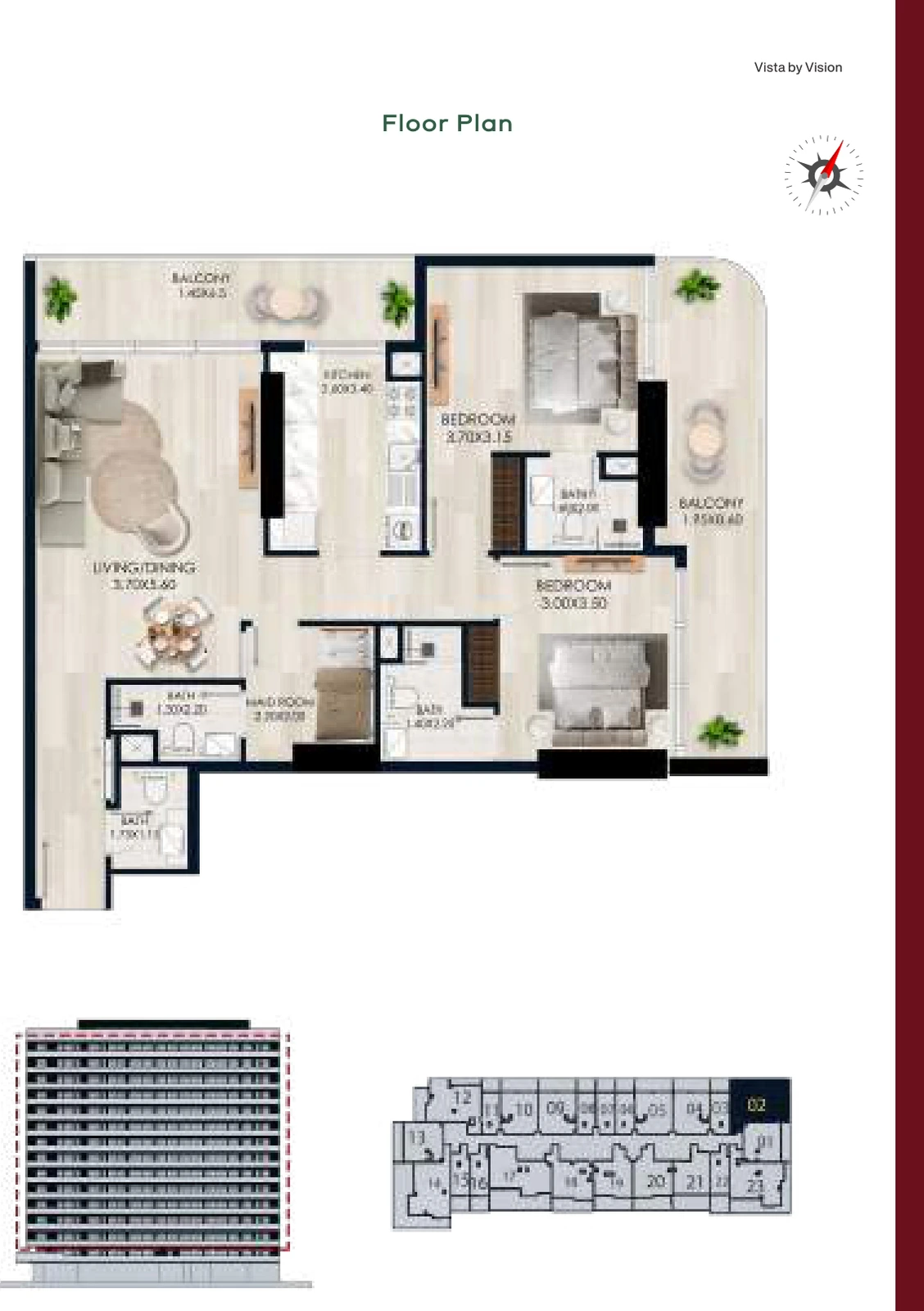Vista by Vision Unit 02, Levels 2–14, 2 Bedroom Apartment, 1,220.74 sq ft floor plan