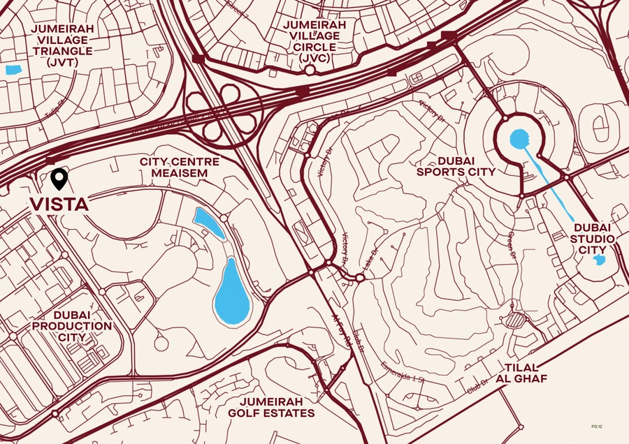 Vista by Vision location map in Dubai Production City with nearby roads and destinations