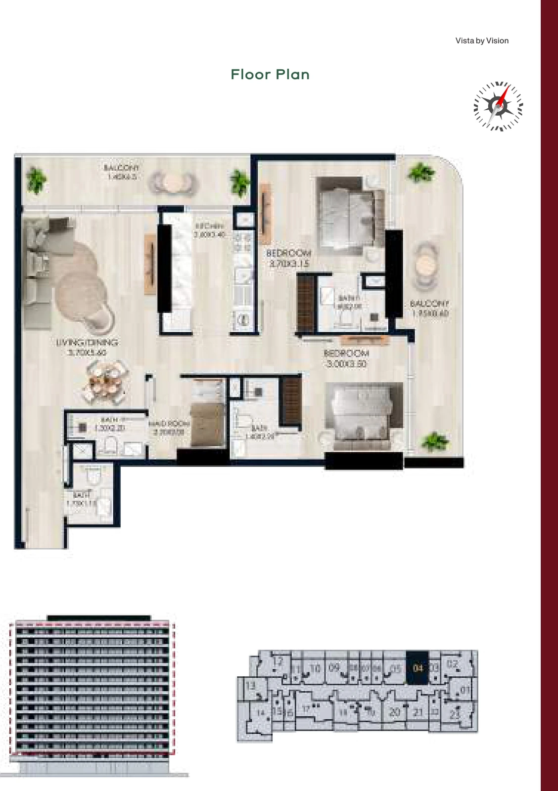 Vista by Vision Unit 04, Levels 2–14, 1 Bedroom Apartment, 888.56 sq ft floor plan