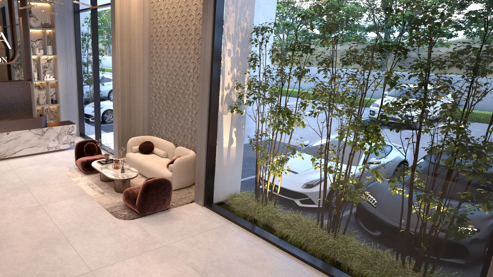 Vista by Vision lobby with sculptural lighting, lounge seating and greenery