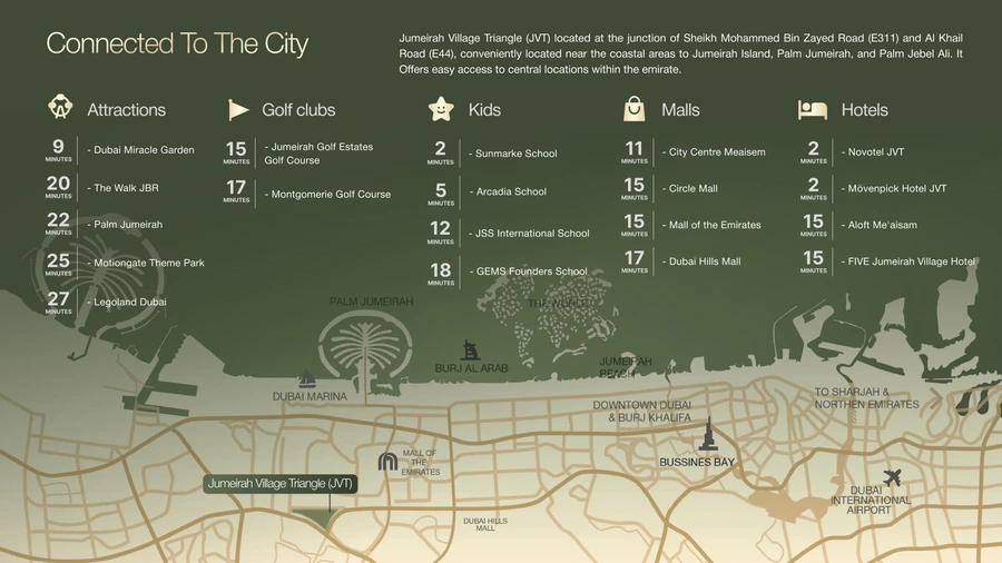 S1LVA Park Living location map in Jumeirah Village Triangle with nearby roads and destinations