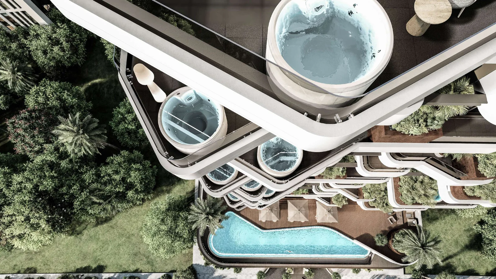 Aerial view of the Marea Residence pool deck, terraces and private Jacuzzis