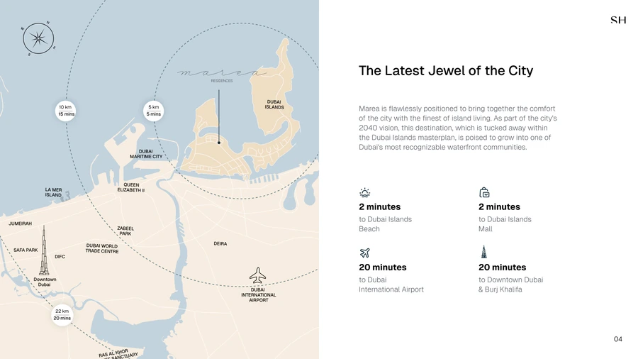 Marea Residence location map on Dubai Islands with nearby destinations and drive times