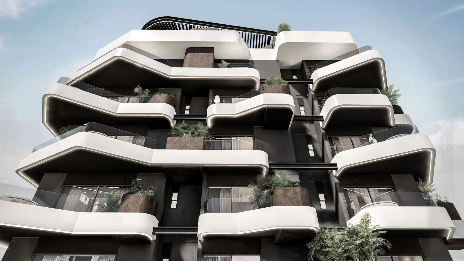 Flowing balcony facade and landscaped arrival at Marea Residence