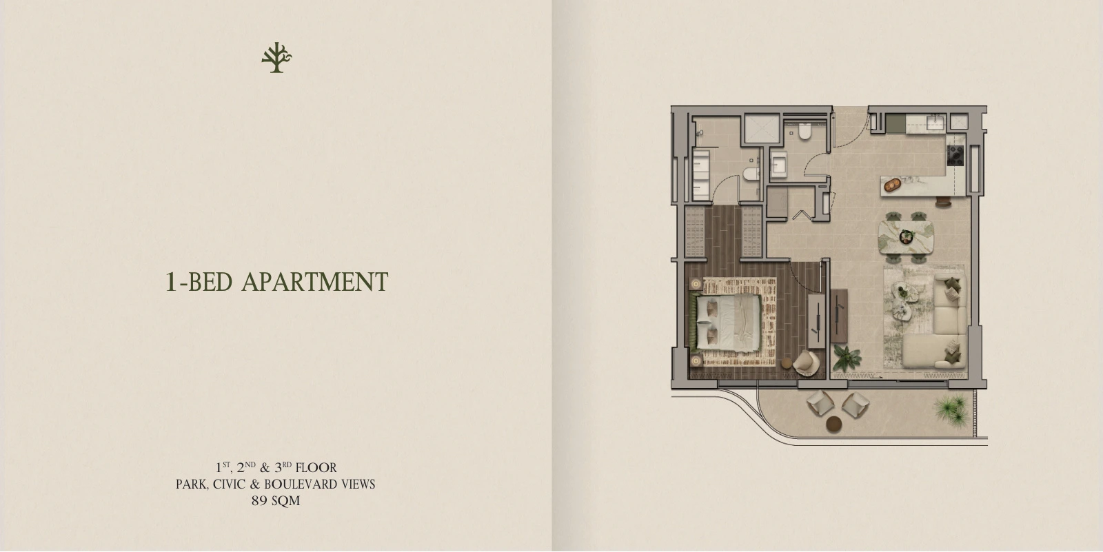 Yas Park Place 1-bedroom apartment 1st, 2nd & 3rd Floors, 89 sqm floor plan, 957.99 sq ft