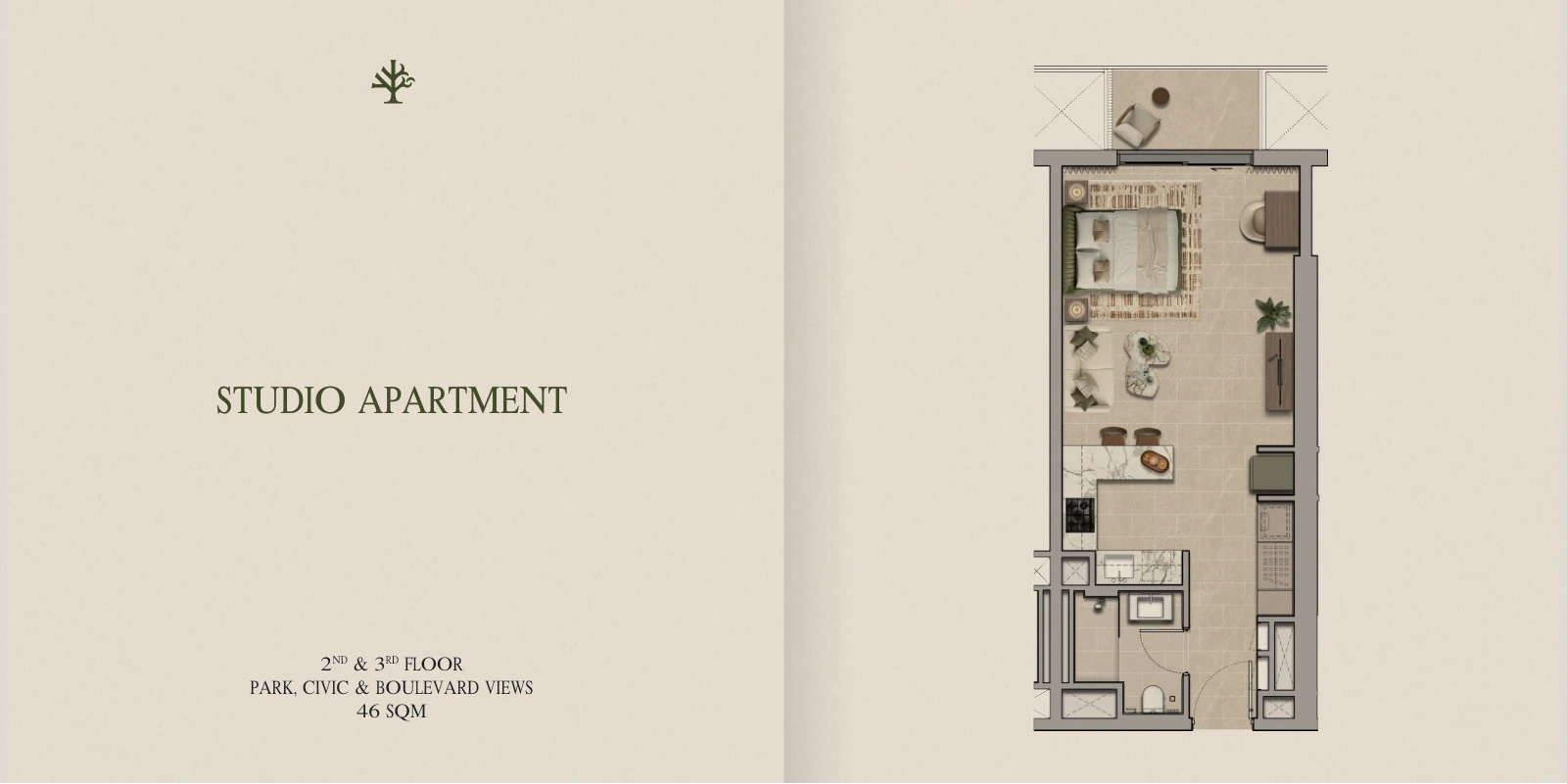 Yas Park Place studio apartment 2nd & 3rd Floors, 46 sqm floor plan, 495.14 sq ft