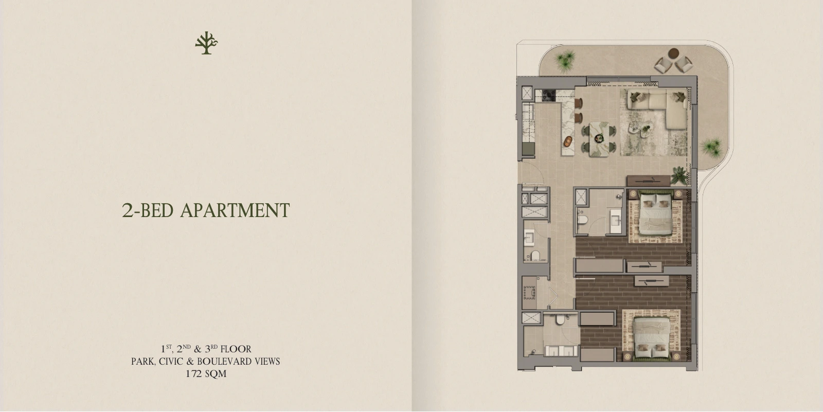 Yas Park Place 2-bedroom apartment 1st, 2nd & 3rd Floors, 172 sqm floor plan, 1,851.39 sq ft