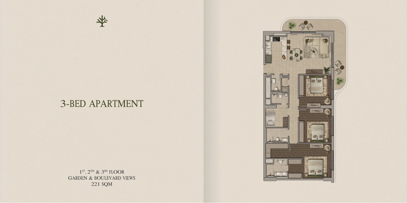 Yas Park Place 3-bedroom apartment 1st, 2nd & 3rd Floors, 221 sqm floor plan, 2,378.82 sq ft