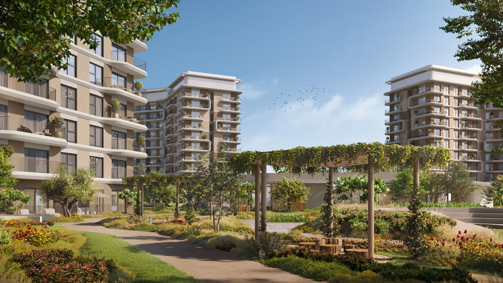 Landscaped sensory garden between the mid-rise buildings at Yas Park Place