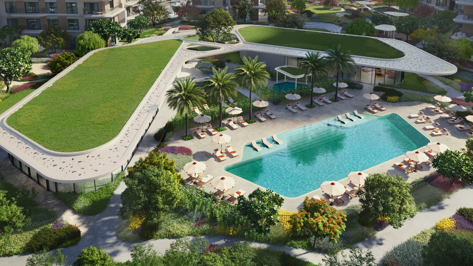 Family pool and green-roof community pavilion at Yas Park Place