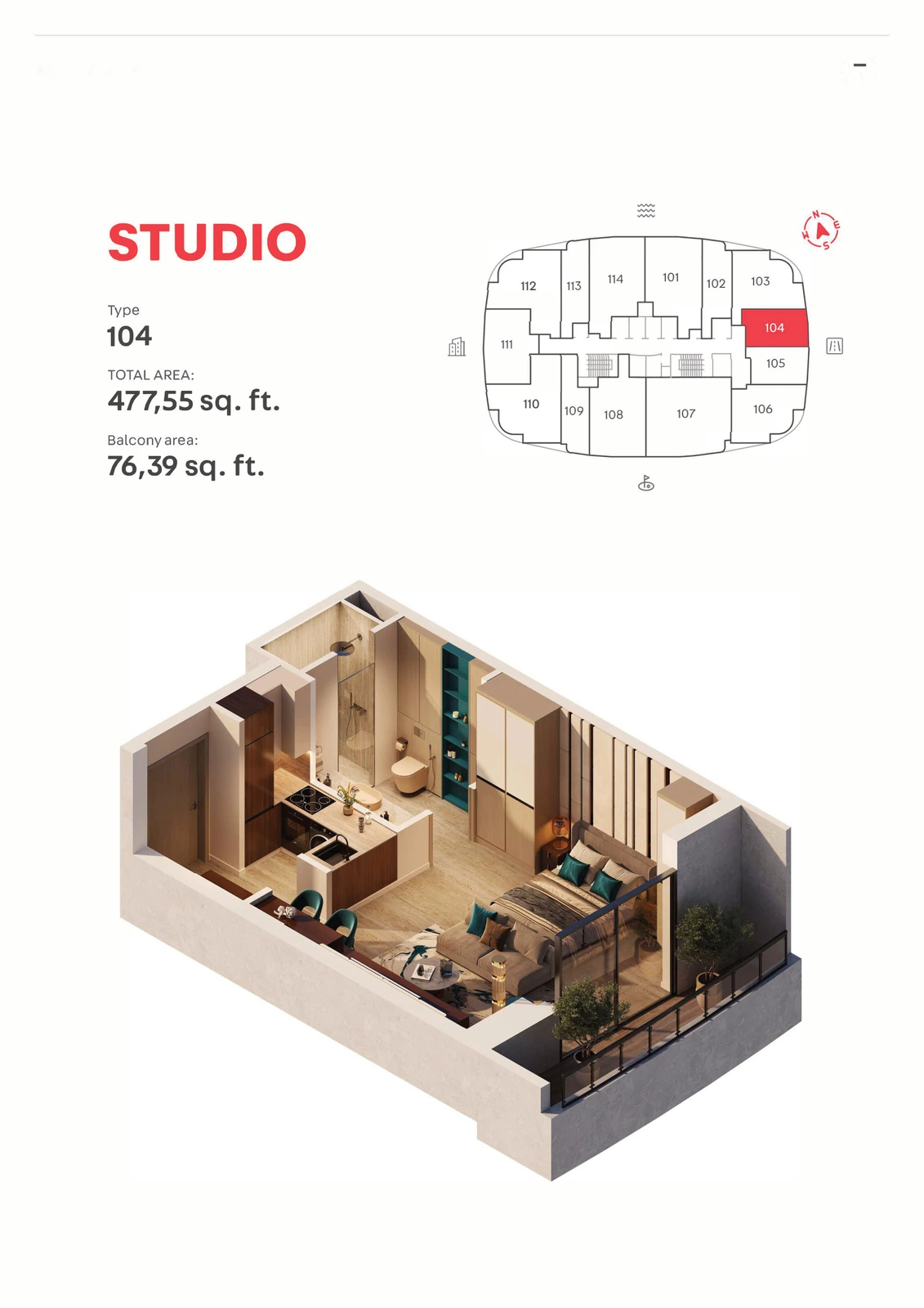 MAG 777 Type 104, Studio Apartment, 477.55 sq ft floor plan