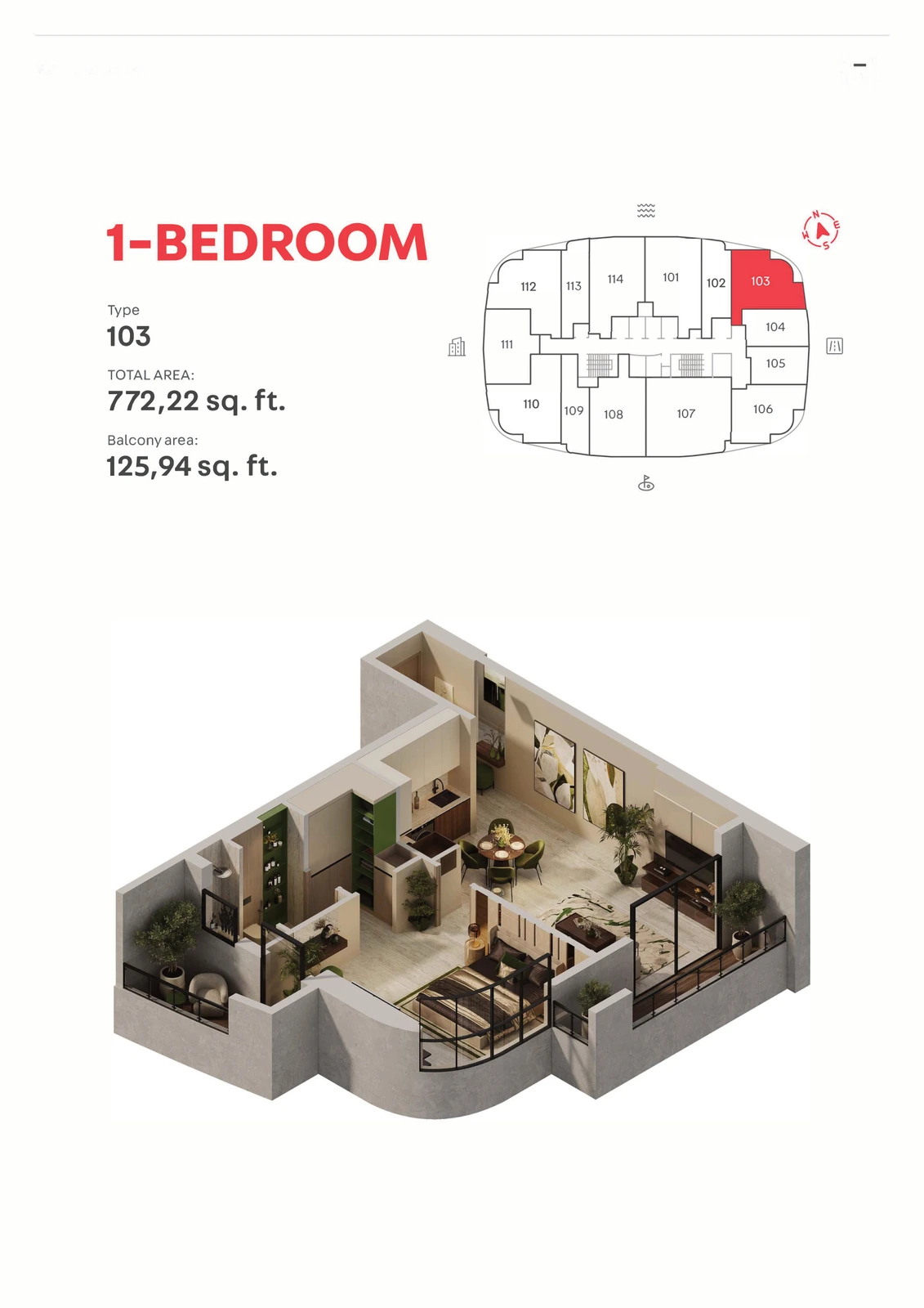 MAG 777 Type 103, 1 Bedroom Apartment, 772.22 sq ft floor plan