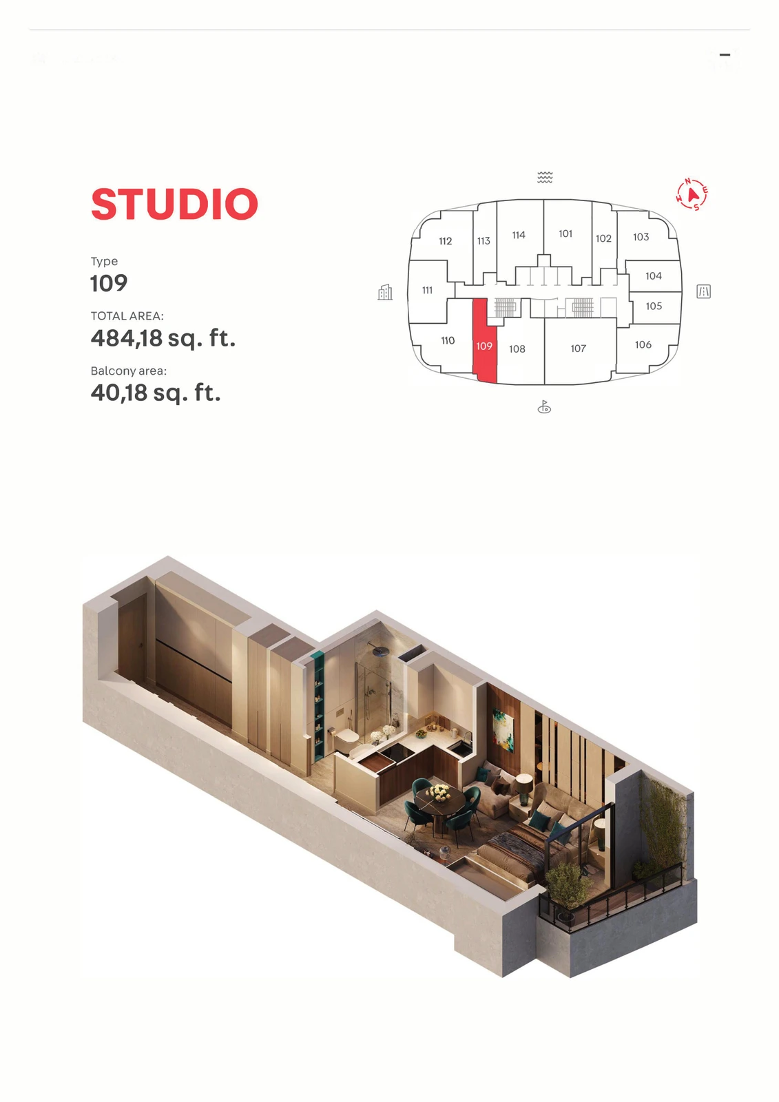 MAG 777 Type 109, Studio Apartment, 484.18 sq ft floor plan