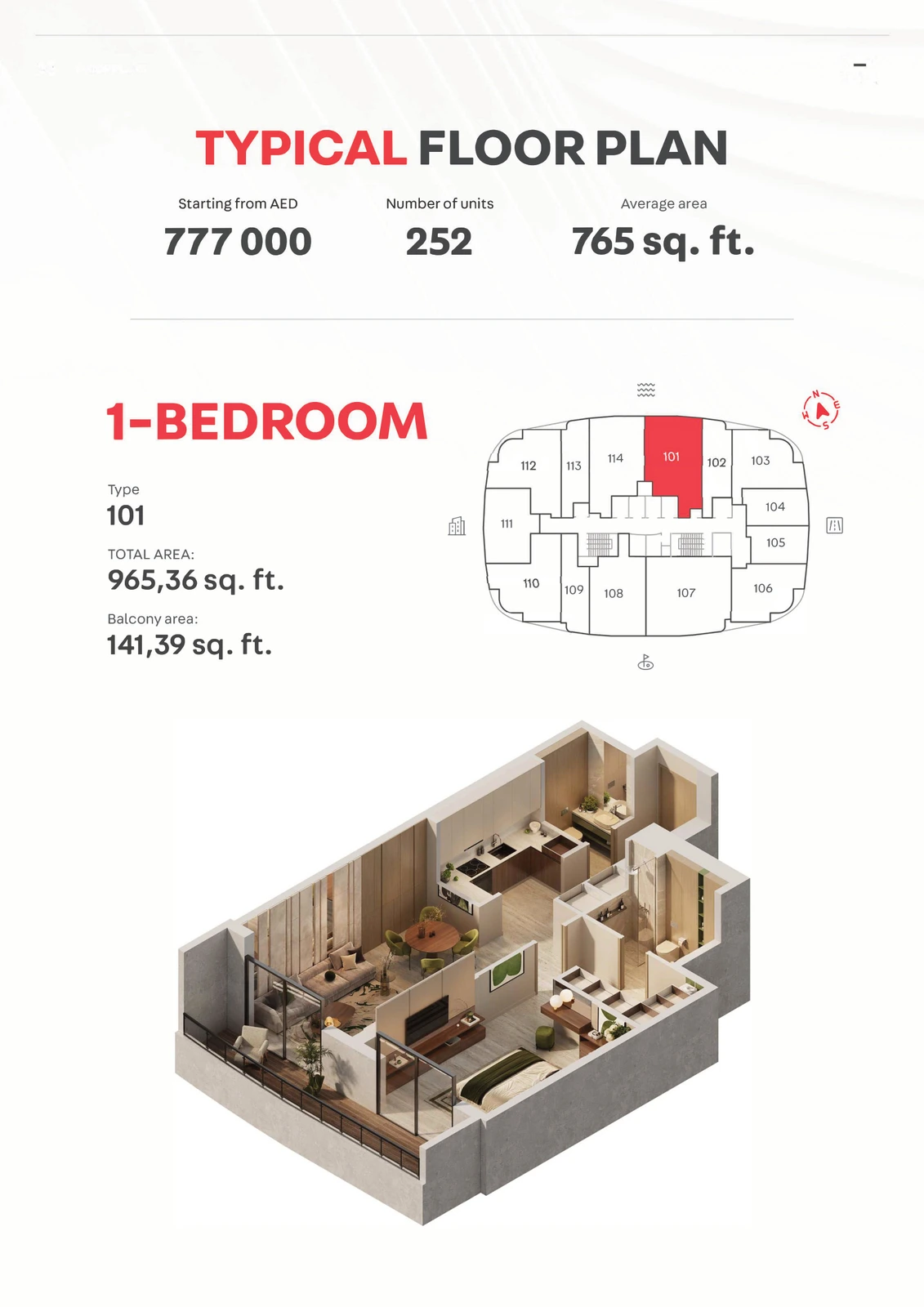 MAG 777 Type 101, 1 Bedroom Apartment, 965.36 sq ft floor plan