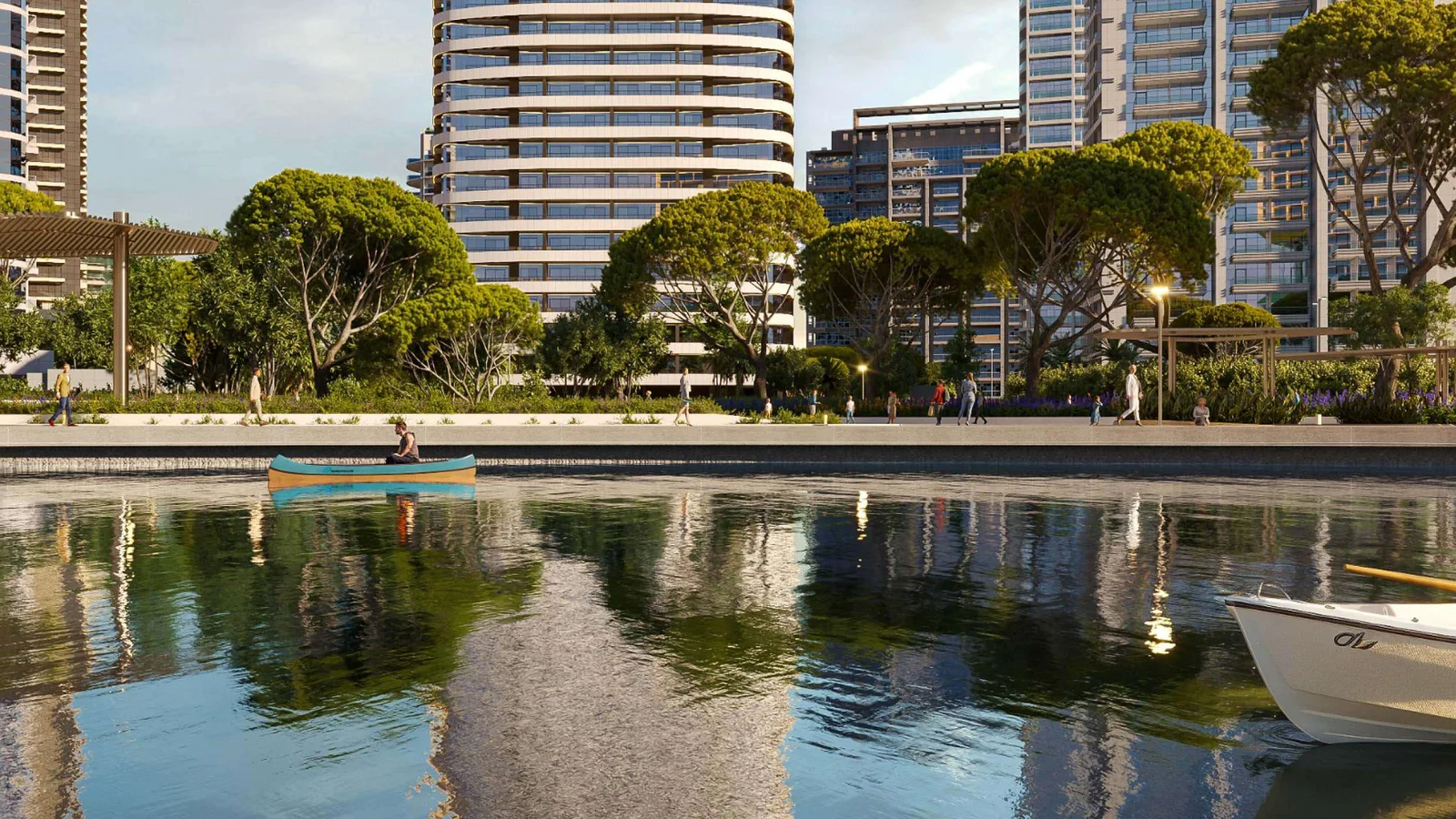 MAG 777 tower viewed across the water in Dubai Sports City
