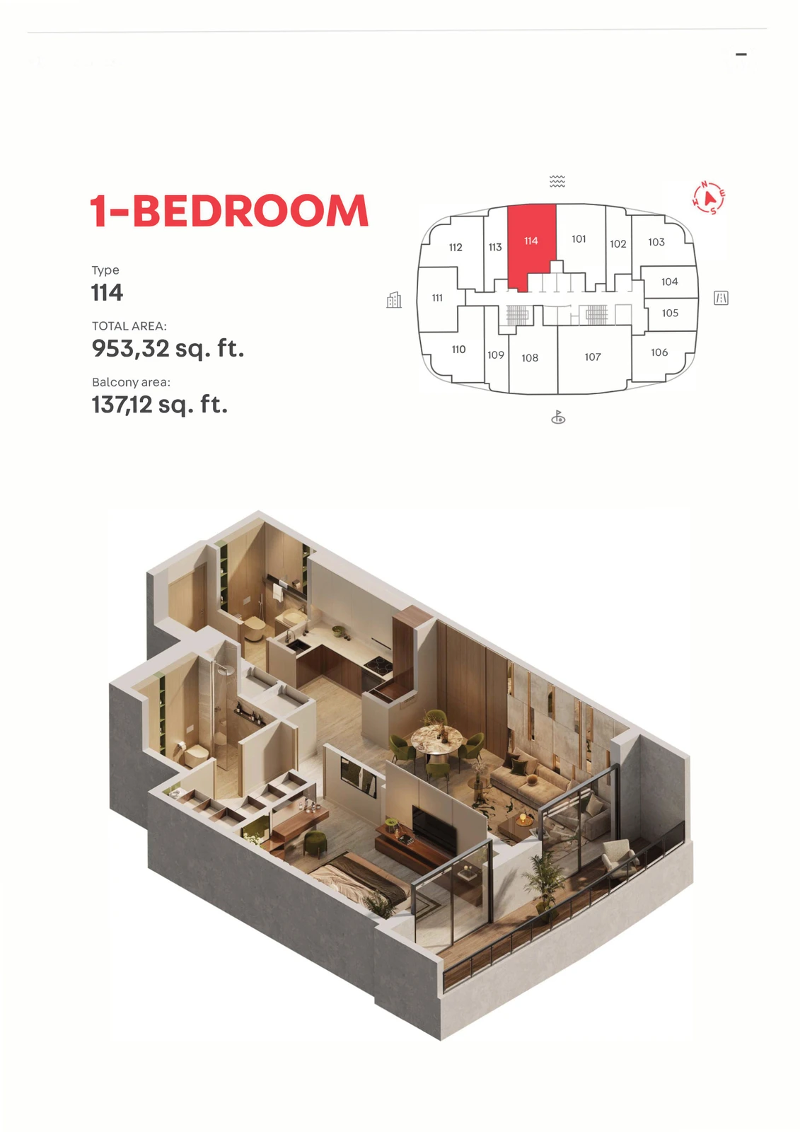 MAG 777 Type 114, 1 Bedroom Apartment, 953.32 sq ft floor plan