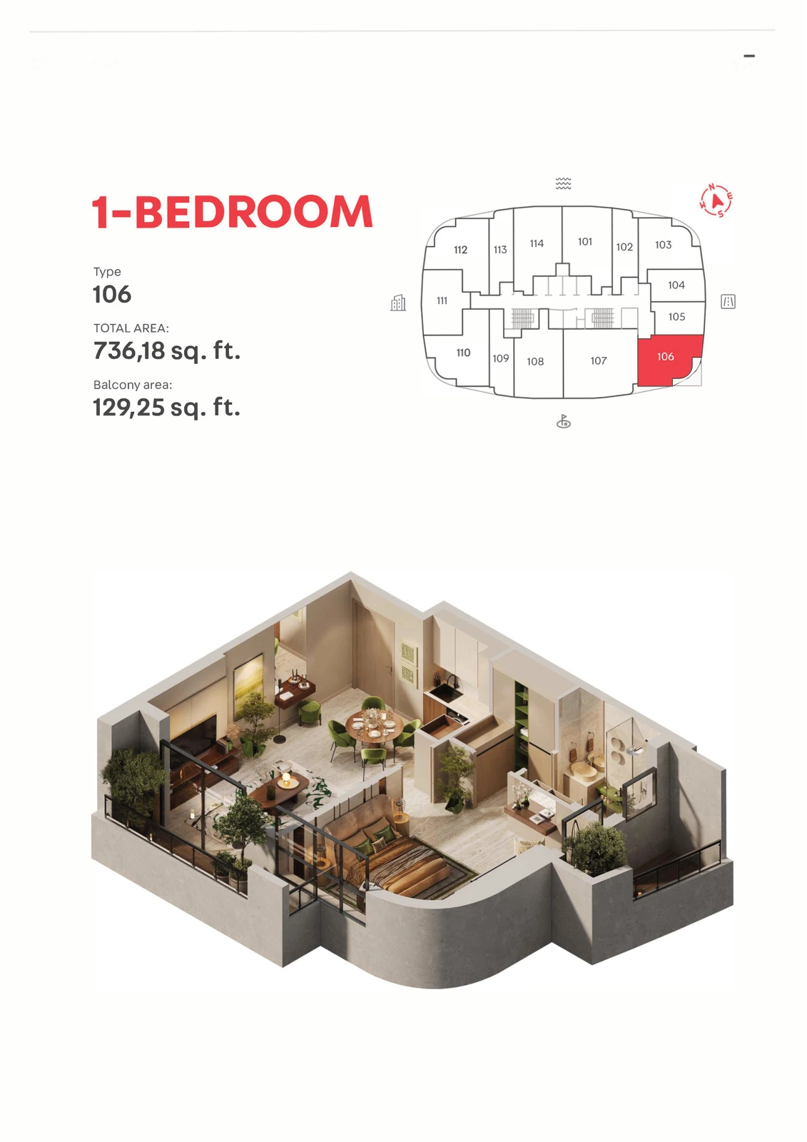 MAG 777 Type 106, 1 Bedroom Apartment, 736.18 sq ft floor plan