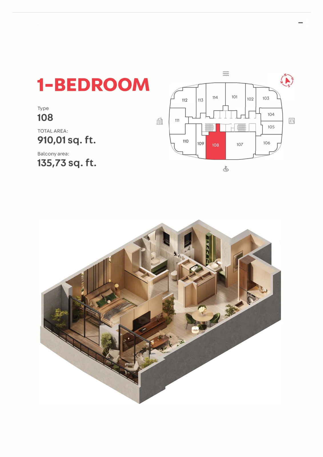 MAG 777 Type 108, 1 Bedroom Apartment, 910.01 sq ft floor plan