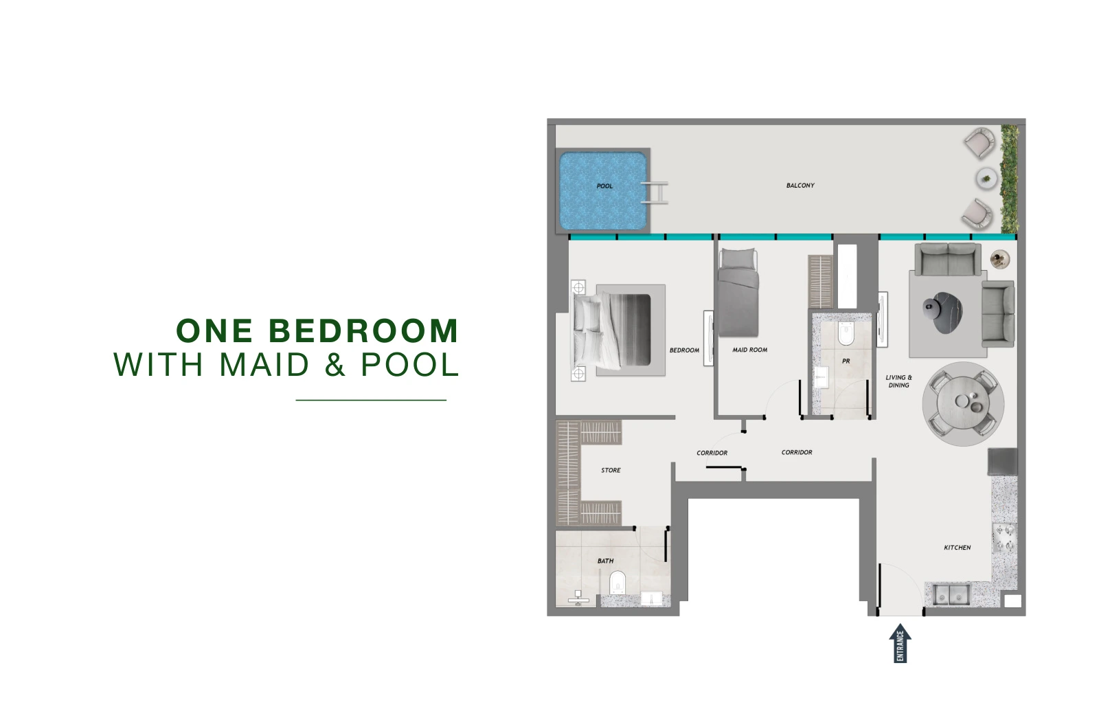 SAMANA Resorts 1-bedroom Maid's Room & Private Pool apartment floor plan, 942 sq ft