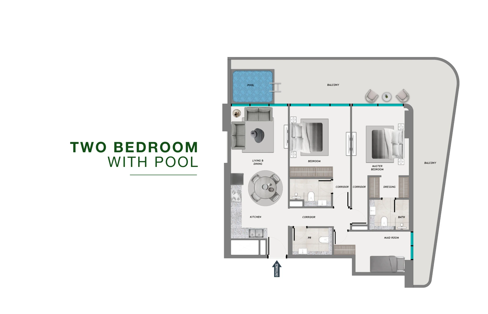 SAMANA Resorts 2-bedroom Private Pool apartment floor plan, 1,164 sq ft