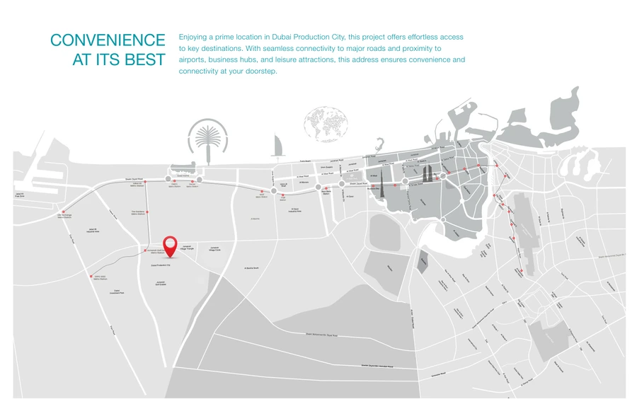 Regional location map for SAMANA Resorts in Dubai Production City, Dubai.