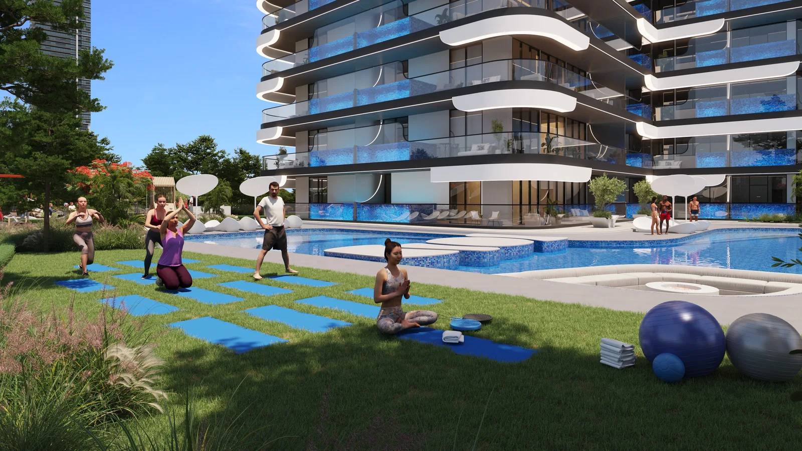 Landscaped outdoor fitness lawn at SAMANA Resorts.