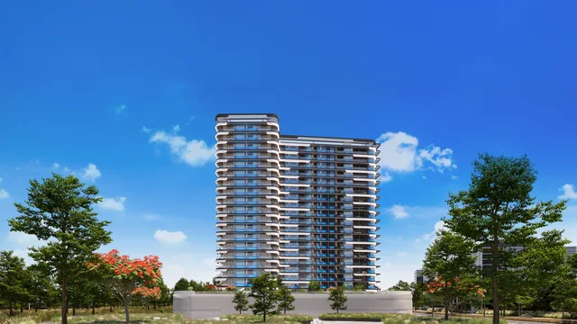 SAMANA Resorts tower exterior with sculpted balconies and podium landscaping.