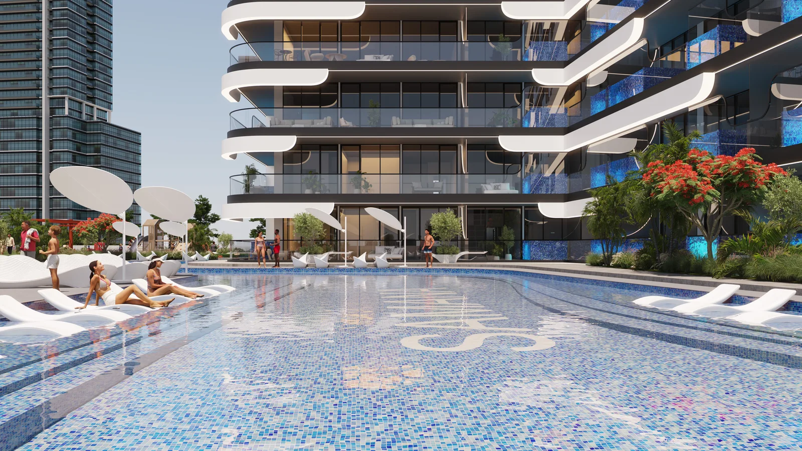 Leisure pool deck with loungers and landscaped terraces at SAMANA Resorts.