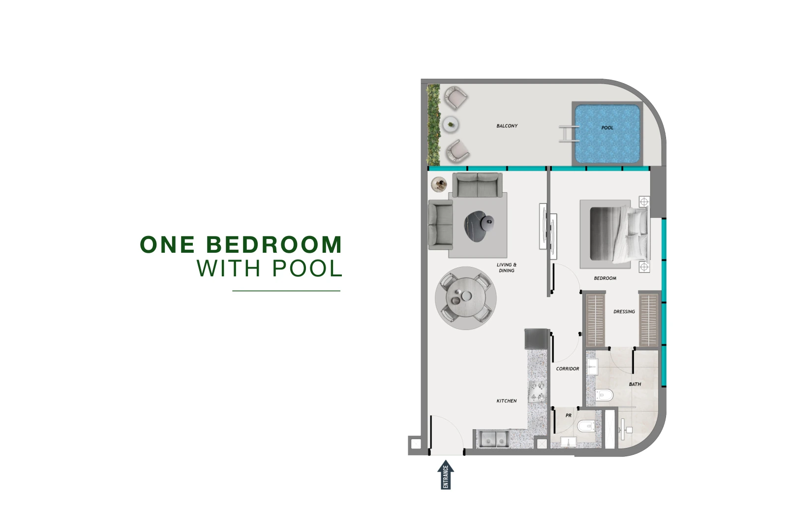 SAMANA Resorts 1-bedroom Private Pool apartment floor plan, 806 sq ft