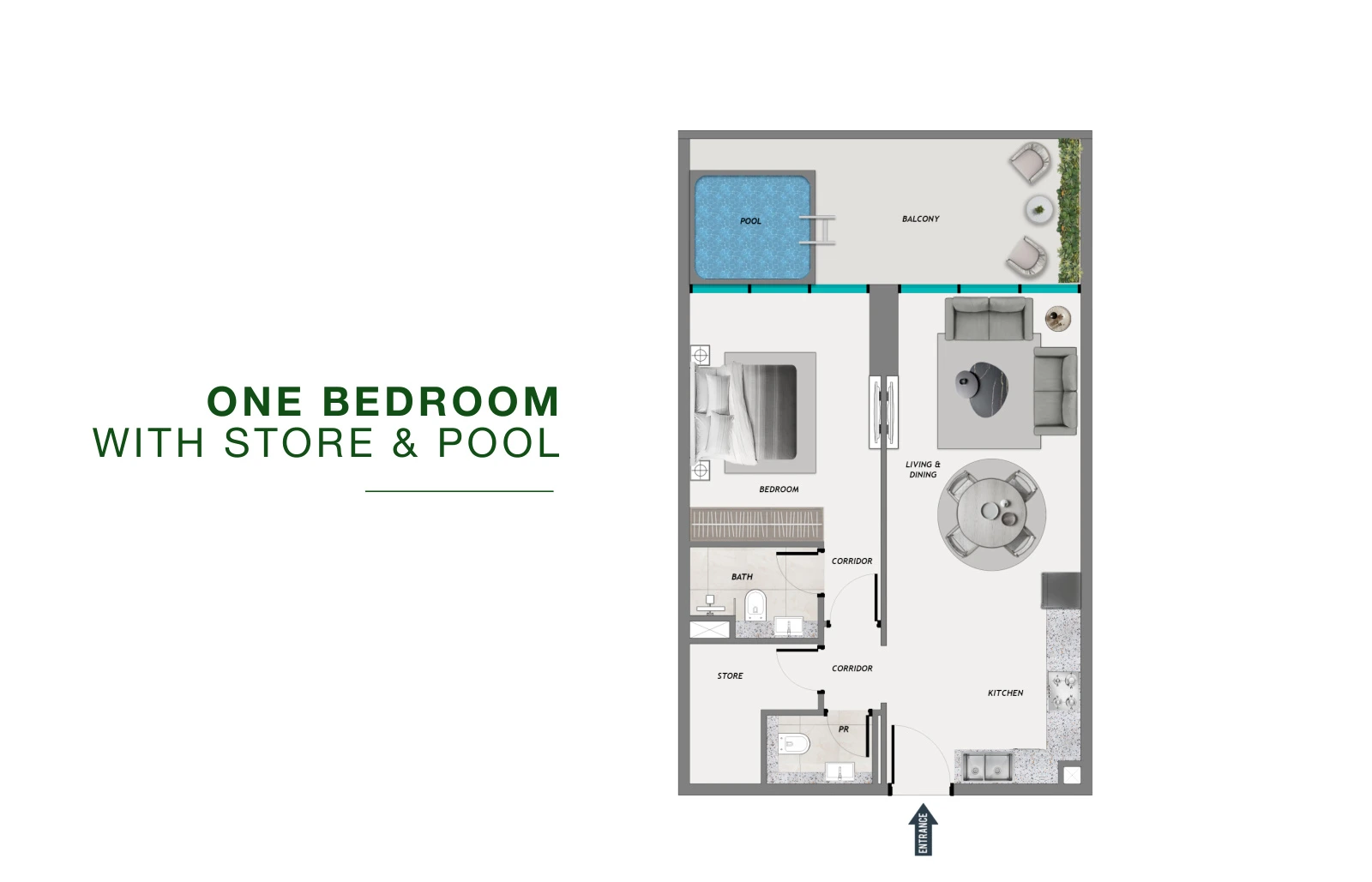SAMANA Resorts 1-bedroom Store & Private Pool apartment floor plan, 860 sq ft