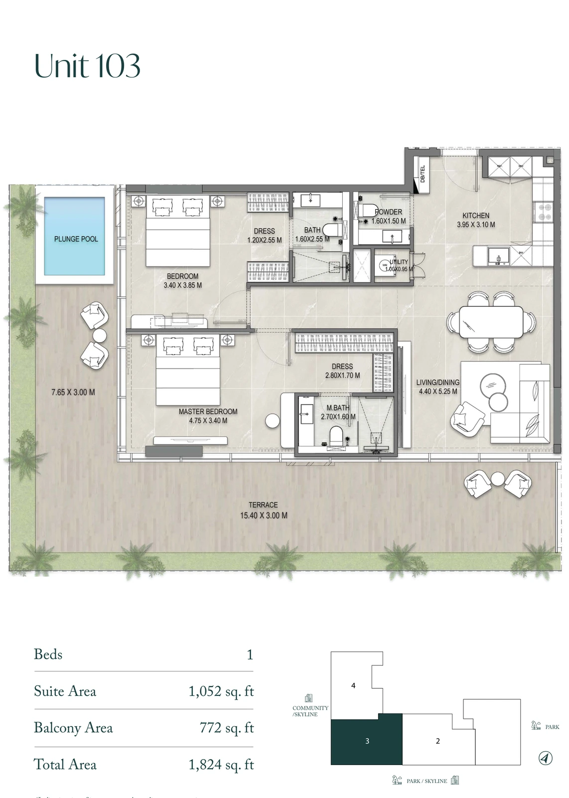 Allegro Park Unit 103 1-bedroom apartment floor plan, 1,824 sq ft
