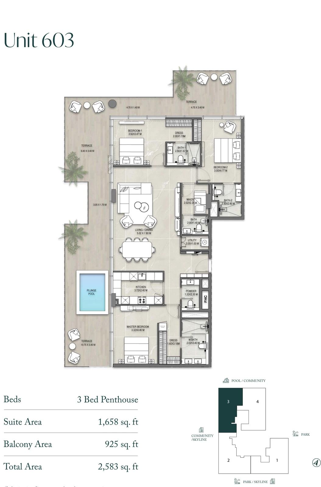 Allegro Park Penthouse Unit 603 3-bedroom apartment floor plan, 2,583 sq ft